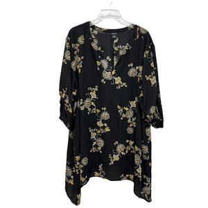 Torrid Size 3  Long Sleeve 3/4 Roll Sleeve Tunic Black Yellow Floral Polyester